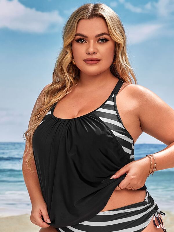 SHEIN Swim Classy Plus Striped Print Drawstring Side Tankini Top SHEIN USA