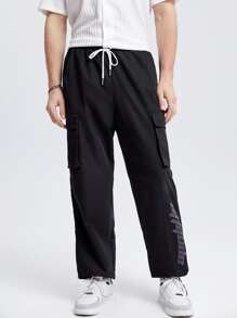 GENTILAND Men Reflective Letter Graphic Flap Pocket Side Cargo Trousers - Black - View 3