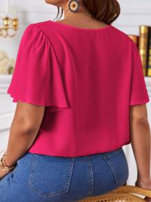 SHEIN Frenchy Áo sơ mi Plus Size Tương phản ren màu trơn Thanh lịch - Màu Hồng Tươi - Xem 2