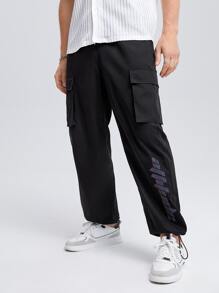 GENTILAND Men Reflective Letter Graphic Flap Pocket Side Cargo Trousers - Black - View 4