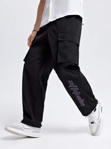 GENTILAND Men Reflective Letter Graphic Flap Pocket Side Cargo Trousers - Black - View 5