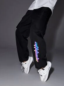 GENTILAND Men Reflective Letter Graphic Flap Pocket Side Cargo Trousers - Black - View 6