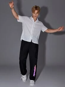 GENTILAND Men Reflective Letter Graphic Flap Pocket Side Cargo Trousers - Black - View 7