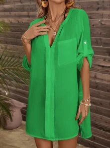 SHEIN Swim Roll Up Sleeve Pocket Patched Cover Up - Green - View 6