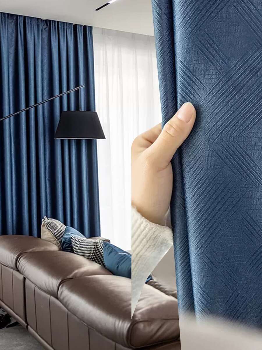 素色單片窗簾適用於臥室和客廳滌綸單片遮光窗簾四季皆宜 - 藍色 - 查看 1
