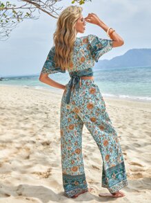 SHEIN VCAY Bộ đồ hai mảnh nữ Buộc lại Trọn gói Hoa Bộ lạc Boho - Màu xanh Bạc hà - Xem 2