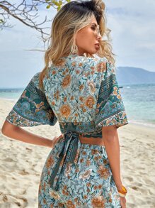 SHEIN VCAY Bộ đồ hai mảnh nữ Buộc lại Trọn gói Hoa Bộ lạc Boho - Màu xanh Bạc hà - Xem 3