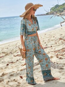 SHEIN VCAY Bộ đồ hai mảnh nữ Buộc lại Trọn gói Hoa Bộ lạc Boho - Màu xanh Bạc hà - Xem 4