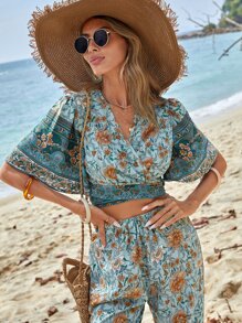 SHEIN VCAY Bộ đồ hai mảnh nữ Buộc lại Trọn gói Hoa Bộ lạc Boho - Màu xanh Bạc hà - Xem 6
