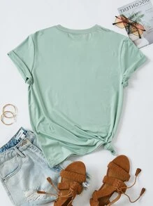 SHEIN LUNE Áo thun nữ màu trơn Giải trí - Màu xanh Bạc hà - Xem 2