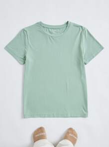 SHEIN LUNE Áo thun nữ màu trơn Giải trí - Màu xanh Bạc hà - Xem 3