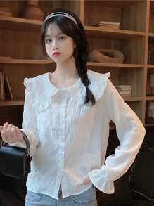 Camisa unicolor ribete con fruncido de cuello exagerado de manga con volante - Blanco - Ver 1