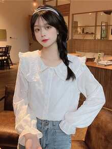 Camisa unicolor ribete con fruncido de cuello exagerado de manga con volante - Blanco - Ver 3