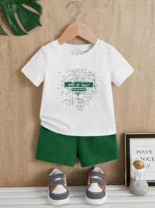 SHEIN 男嬰標語圖案T恤和短褲 - 綠色 - 查看 1