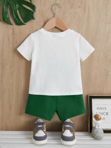 SHEIN 男嬰標語圖案T恤和短褲 - 綠色 - 查看 2