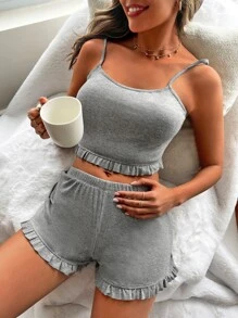 RueChic Ruffle Hem Cami Lounge Set - Grey - View 5