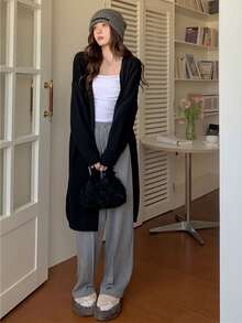 Cárdigan unicolor de hombros caídos - Negro - Ver 1