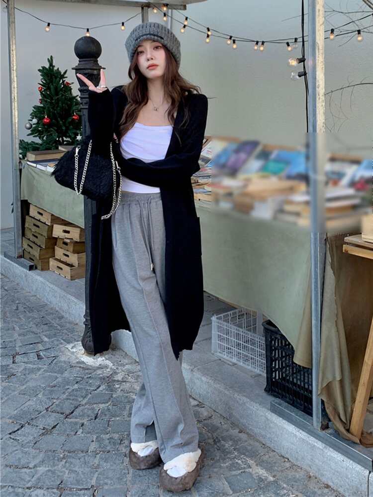 Cárdigan unicolor de hombros caídos - Negro - Añade 4