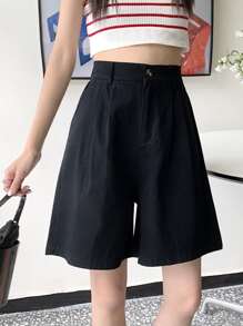 Shorts de pierna ancha unicolor de talle alto - Negro - Ver 1