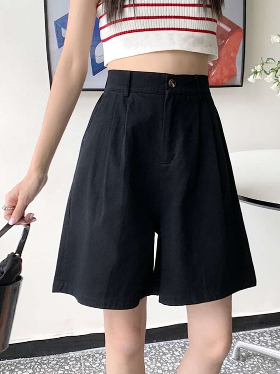 Shorts de pierna ancha unicolor de talle alto - Negro - Ver 1