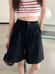 Shorts de pierna ancha unicolor de talle alto - Negro - Ver 3