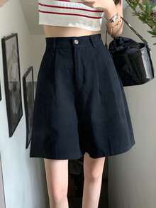 Shorts de pierna ancha unicolor de talle alto - Negro - Ver 4