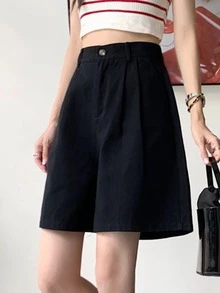 Shorts de pierna ancha unicolor de talle alto - Negro - Ver 5