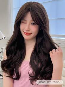 HAIRCUBE 28 Inch Long Natural Wavy Curly Brown Wig With Bangs Synthetic Wigs for Dating Party - Brown - View 3