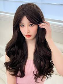 HAIRCUBE 28 Inch Long Natural Wavy Curly Brown Wig With Bangs Synthetic Wigs for Dating Party - Brown - View 4