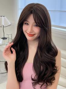 HAIRCUBE 28 Inch Long Natural Wavy Curly Brown Wig With Bangs Synthetic Wigs for Dating Party - Brown - View 6