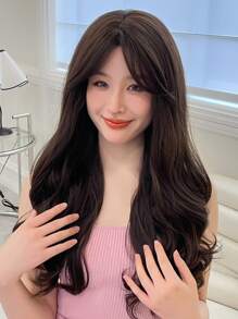 HAIRCUBE 28 Inch Long Natural Wavy Curly Brown Wig With Bangs Synthetic Wigs for Dating Party - Brown - View 8