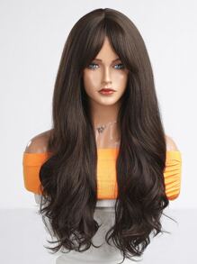 HAIRCUBE 28 Inch Long Natural Wavy Curly Brown Wig With Bangs Synthetic Wigs for Dating Party - Brown - View 9