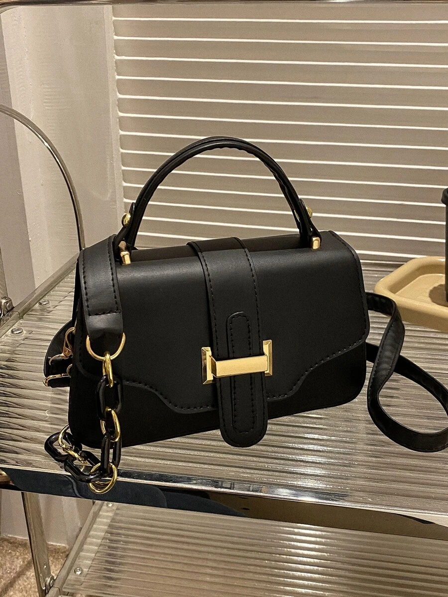 Small Square Bag Fashionable Metal Decor Top Handle Flap PU