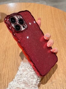 1入單色電鍍閃亮閃爍波浪紋手機殼，適用於iPhone 14/13/12/11 - 紅色 - 查看 4