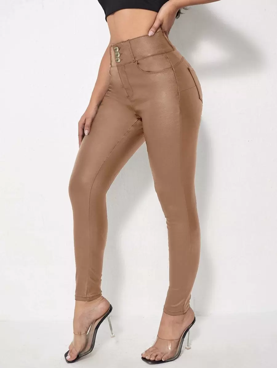 SHEIN Privé Quần ôm vừa vặn màu trơn thường ngày cho nữ, mùa thu - Màu Khaki - Xem 1