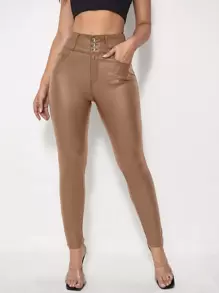 SHEIN Privé Quần ôm vừa vặn màu trơn thường ngày cho nữ, mùa thu - Màu Khaki - Xem 3