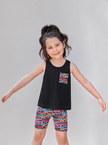 SHEIN Leap Crew 年輕女孩字母圖形口袋修補背心和摩托車短褲