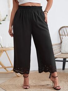SHEIN VCAY Plus Laser Cut Scallop Trim Wide Leg Trousers - Black - View 3