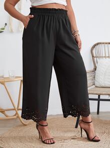 SHEIN VCAY Plus Laser Cut Scallop Trim Wide Leg Trousers - Black - View 4