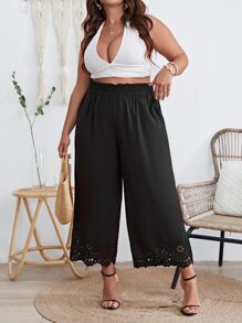 SHEIN VCAY Plus Laser Cut Scallop Trim Wide Leg Trousers - Black - View 5