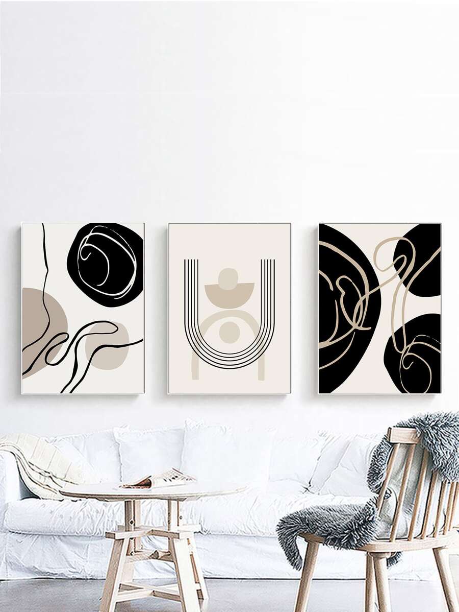 3幅/套抽像圖案無框畫，現代化纖無框畫家用 - 黑與白 - 查看 1