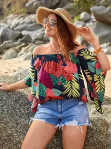 SHEIN VCAY 熱帶印花加大號露肩波浪袖夏季女襯衫