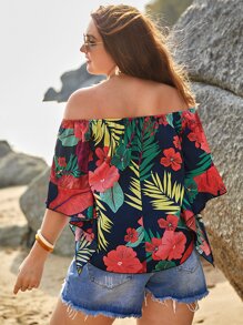 SHEIN VCAY 熱帶印花加大號露肩波浪袖夏季女襯衫