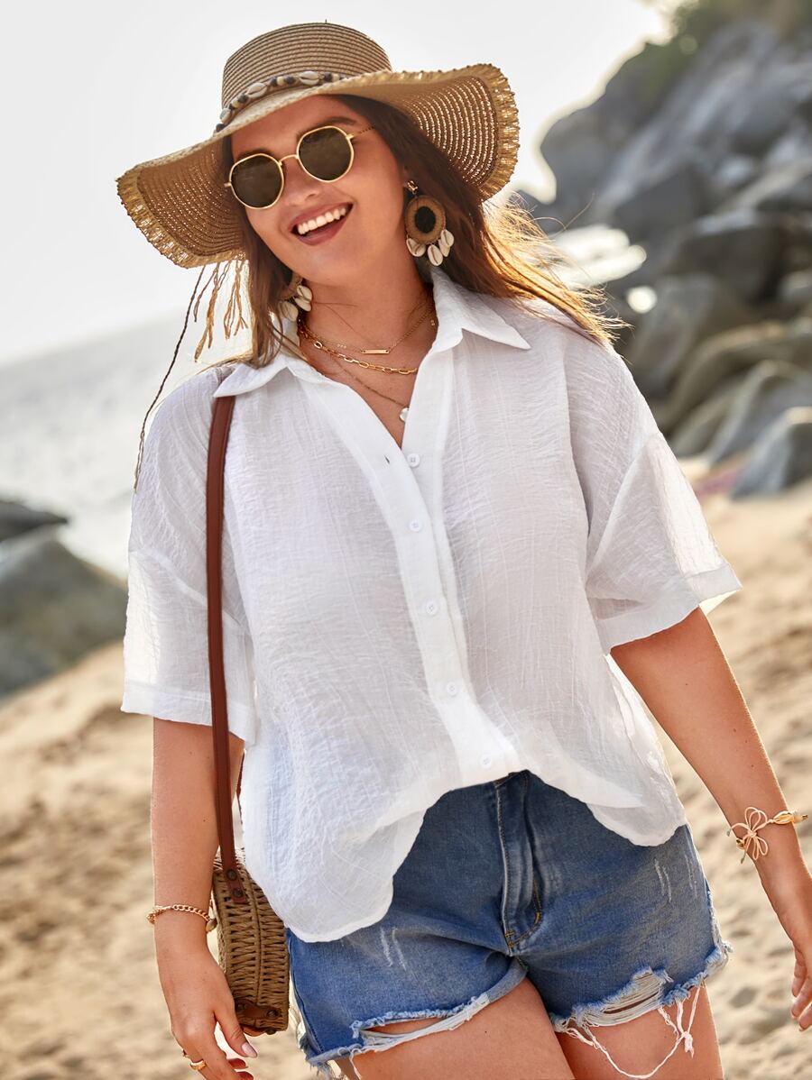 SHEIN VCAY Plus Solid Drop Shoulder Shirt - White - View 1