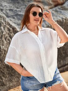 SHEIN VCAY Plus Solid Drop Shoulder Shirt - White - View 3