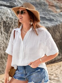 SHEIN VCAY Plus Solid Drop Shoulder Shirt - White - View 5