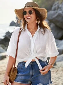 SHEIN VCAY Plus Solid Drop Shoulder Shirt - White - View 6