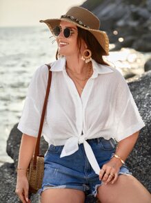 SHEIN VCAY Plus Solid Drop Shoulder Shirt - White - View 7