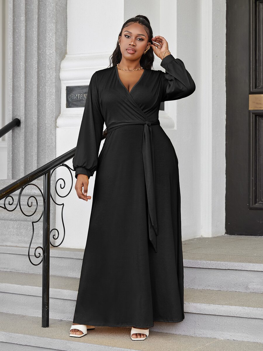 Plus Surplice Neck Lantern Sleeve Belted Dress - Black - View 1
