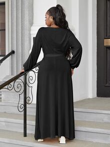 Plus Surplice Neck Lantern Sleeve Belted Dress - Black - View 2